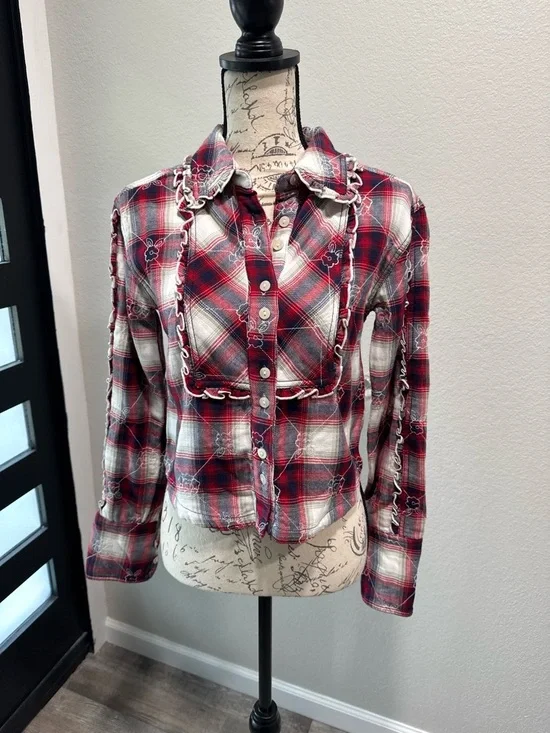 NWT-Free People Red Plaid Ruffle-Trim Button Down Shirt - Picture 3 of 5
